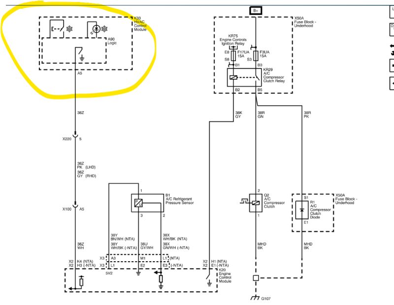 Schemat elektryczny klimatyzacji z zaznaczonym modułem sterowania HVAC i połączeniami przekaźnika sprężarki