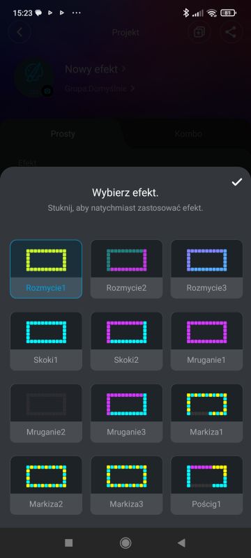 App screen showing selectable LED lighting effects for a TV backlight.