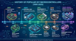 Infografika osi czasu DIY mikrokontrolerów 1990–2025 z ilustracjami płytek Arduino, Raspberry Pi i ESP