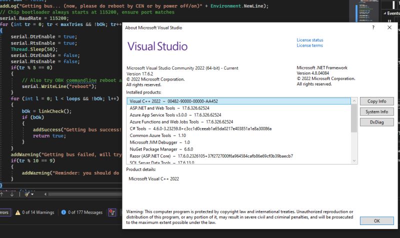 “About Microsoft Visual Studio” window showing installed products, with code editor in the background.