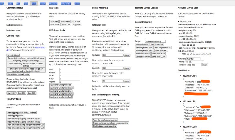 Tasmota configuration interface with network scan results and diagnostic tools
