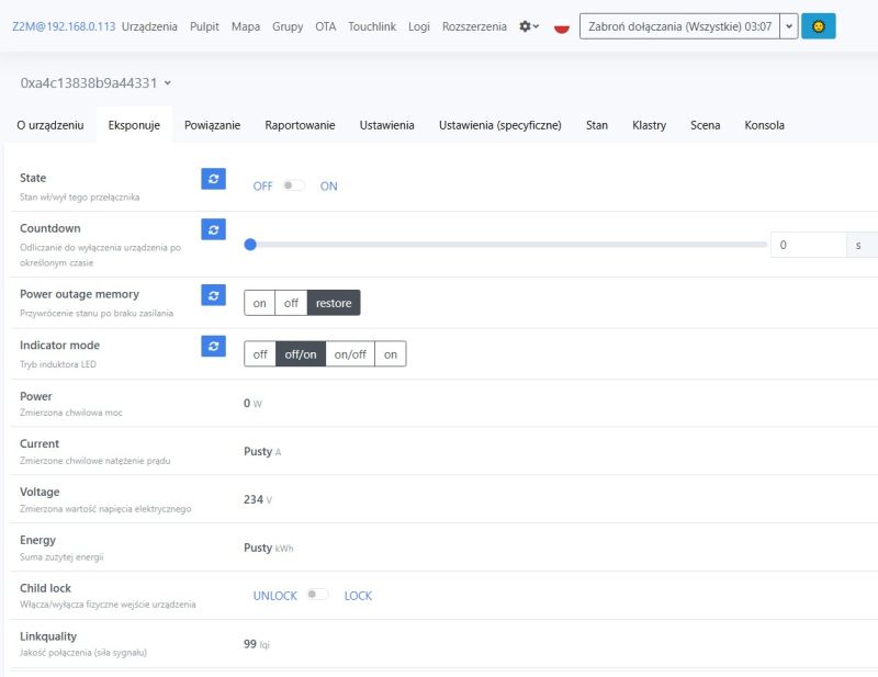 Zigbee2MQTT device settings page with switch, power-outage memory, and power/voltage energy readings