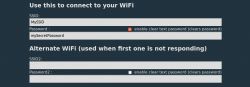 WiFi configuration form with SSID and password fields and an option to display the password in clear text.