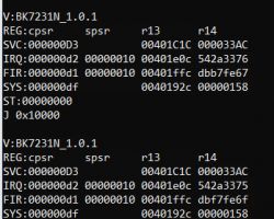 Screenshot of the boot log for a BK7231N device, version 1.0.1, displaying processor register information.