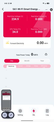 App screen for energy monitoring showing real-time voltage, current, CPU temperature and power.