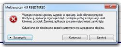 Okno dialogowe z błędem aplikacji Multiecuscan 4.9