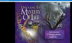 Ekran menu płyty DVD filmu Unlocking the Mystery of Life z opcjami wyboru języka i napisów.