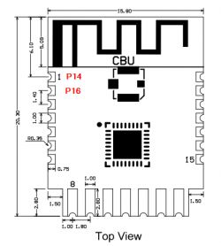 Top view of the LQ-Y06 module with labels P14, P16 and the inscription CBU.