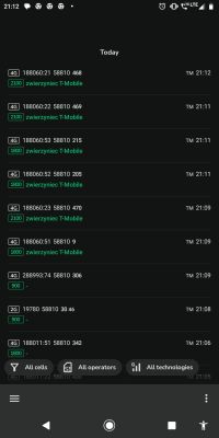 Zrzut ekranu z aplikacji NetMonster prezentujący listę połączeń z różnymi częstotliwościami i stacjami BTS sieci T-Mobile, głównie Zwierzyniec, z pasmami 900, 1800 i 2100 MHz.