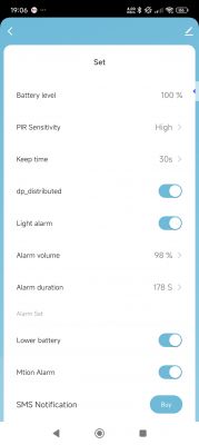 Tuya Device Settings Interface Screen of the Tuya PIR/alarm device settings application.