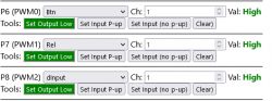 Screenshot of a device configuration with highlighted pins P6, P7, and P8, all set to High value.