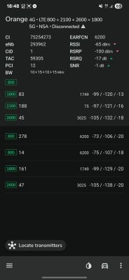 Zrzut ekranu z aplikacji pokazujący parametry sieci LTE Orange: pasma, RSSI, RSRP, RSRQ i SNR.