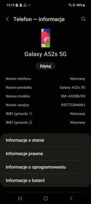 Zrzut ekranu przedstawiający informacje o telefonie Samsung Galaxy A52s 5G, z brakującymi numerami IMEI.