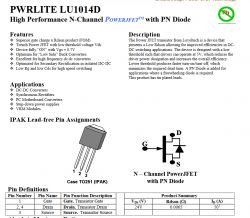 Technical documentation page for the PWRLITE LU1014D transistor.