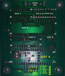 Zdjęcie płytki PCB z widocznymi oznaczeniami i slotami na komponenty.
