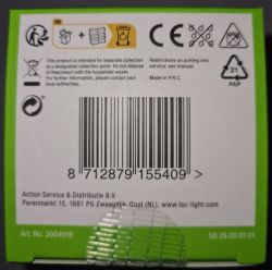 LSC RGBCW GU10 Bulb Packaging Label Label on packaging with a barcode and product information alongside recycling symbols.