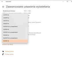 Ustawienia zaawansowane wyświetlania w Windows 10 z rozwijaną listą częstotliwości odświeżania.