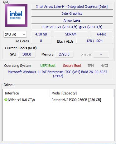 Zrzut ekranu z informacjami o GPU Intel Arrow Lake i dysku NVMe Patriot P2300 256GB