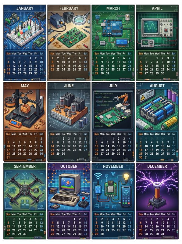 2026 calendar poster with electronics DIY theme, 12 illustrated months in a 3×4 grid.