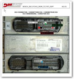 Bosch EDC17CV42 ECU connectors with pin assignments: ground, power supply, CAN H, CAN L, GPT0, and GPT1.