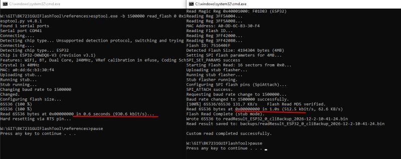 Screenshot of two cmd.exe windows showing esptool.py logs for reading an ESP32 flash memory