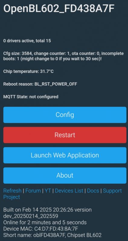 Screenshot of the OpenBL602 device user interface with status information.