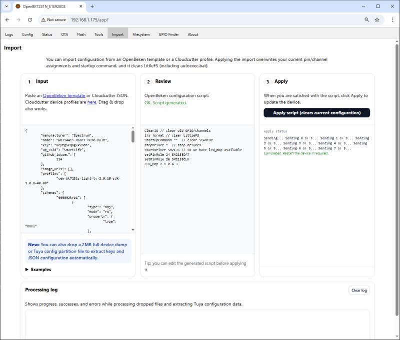 OpenBeken interface screen with imported smart device configuration