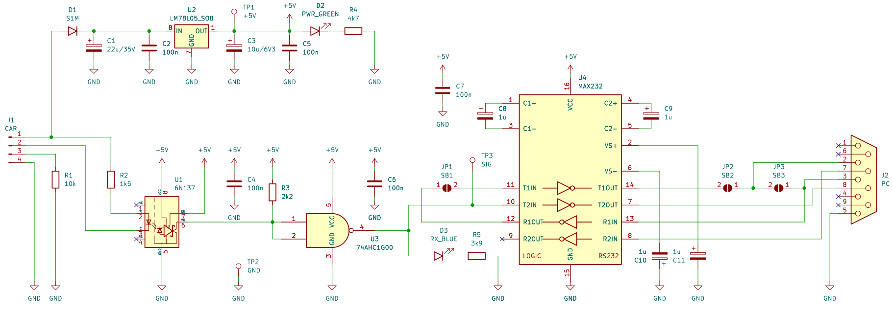 Schemat interfejsu ALDL 160 baud z układami optoizolacji i MAX232 Schemat interfejsu diagnostycznego ALDL z transoptorem i układem MAX232