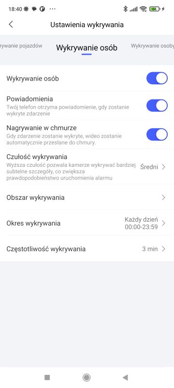 Ekran aplikacji z ustawieniami wykrywania osób w kamerze monitoringu