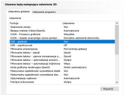 Zrzut panelu NVIDIA: ustawienia 3D, zaznaczone „DSR – gładkość” ustawione na „Wył.”