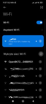 Detected Wi-Fi Networks on Smartphone Screen List of detected Wi-Fi networks on a smartphone screen with the OpenBK72 network highlighted.