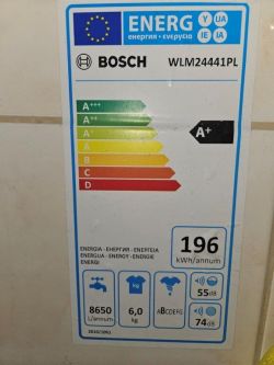 Etykieta energetyczna pralki Bosch WLM24441PL z klasą energetyczną A+.