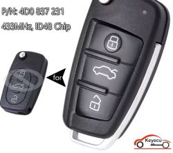 Pilot samochodowy 4D0 837 231, 433MHz, 3 przyciski, chip ID48, z metalowym kluczem