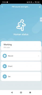 PIR App Screen with Setting Options App screen showing PIR status: Human status with options Working, Record, Smart, and Set.