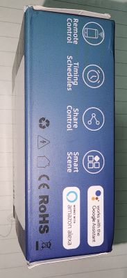 Smart home device packaging showing features like remote control and schedules.