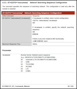 Zrzut ekranu dokumentacji AT+QCFGnwscanseq opisującej konfigurację sekwencji wyszukiwania sieci w modemie Quectel.