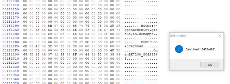Screenshot of a hex editor and a pop-up message stating Can't find 'c8478c426'.