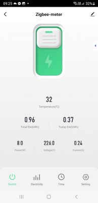 Zigbee-meter App Screenshot with Readings Screenshot of the Zigbee-meter app showing electrical measurements.
