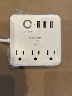 GHome WP9 Power Strip White GHome WP9 power strip with three outlets and three USB ports.