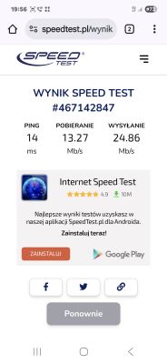 Wynik testu prędkości internetu z pingiem 14 ms, pobieraniem 13,27 Mb/s i wysyłaniem 24,86 Mb/s