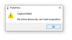 Capture Error in PulseView PulseView error message indicating no active device is set.