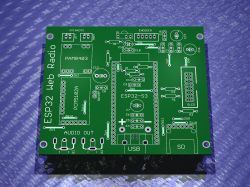 ESP32 Web Radio PCB with labeled audio, USB, SD, and OLED component slots