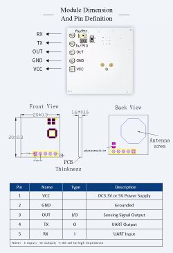 Diagram and description of an electronic module with labeled VCC, GND, OUT, TX, RX pins and PCB dimension drawings.