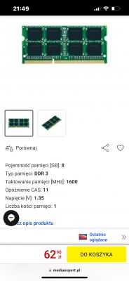 Moduł pamięci RAM DDR3 o pojemności 8 GB na ekranie smartfona.