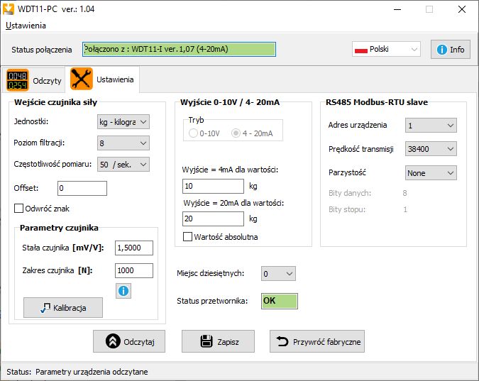 Praktyczna prezentacja WDT11 - wzmacniacz dla czujników siły - wyjście analogowe i Modbus RS485