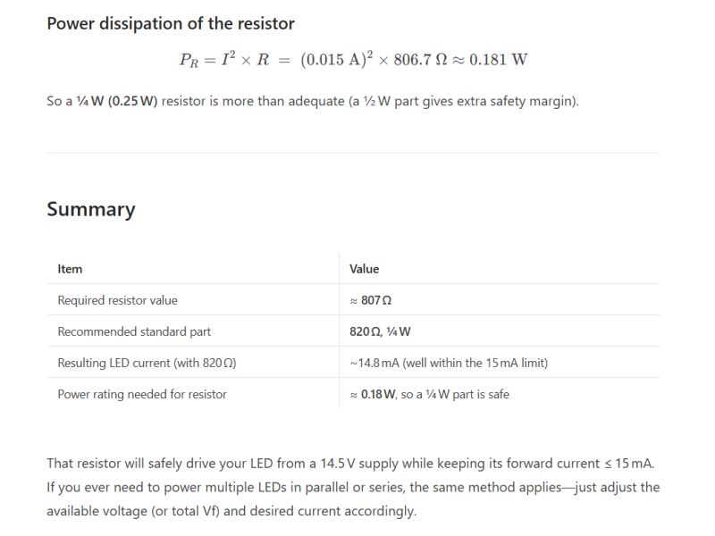 Table with LED resistor values and power dissipation calculation for 14.5 V supply