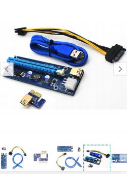Riser PCIe z niebieskim kablem USB i przewodem zasilającym.