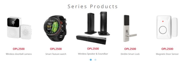 Screenshot of “Series Products” showing five OPL2500 items: doorbell, smartwatch, speakers, smart lock, door sensor