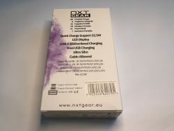 Back of NXT Gear BY-K7 power bank packaging showing technical specifications.