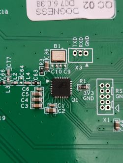 Integrated Circuit on PCB with Pin Markings Integrated circuit on a green printed circuit board with DOGNESS D07 5038 label and pin markings.